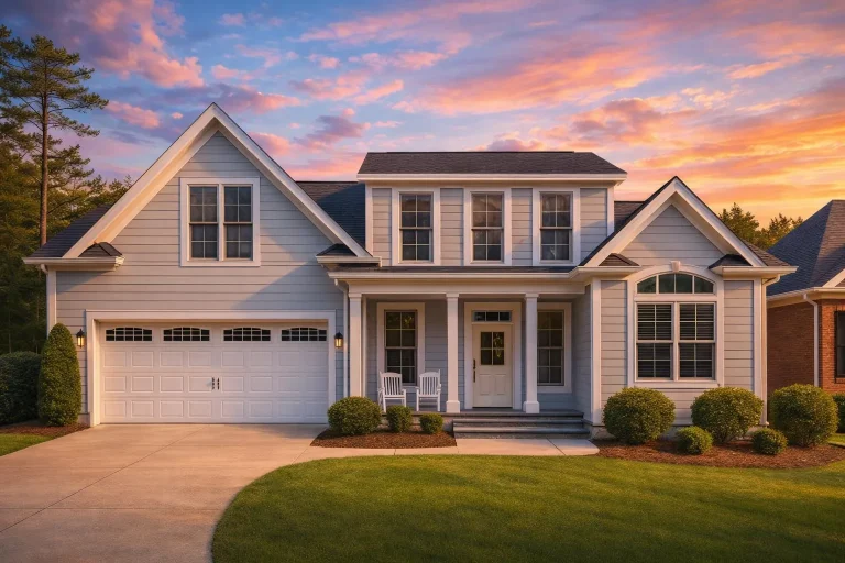 Front view of a Traditional Colonial home with light gray lap siding, symmetrical windows, and a bright yellow front door adding New American charm.