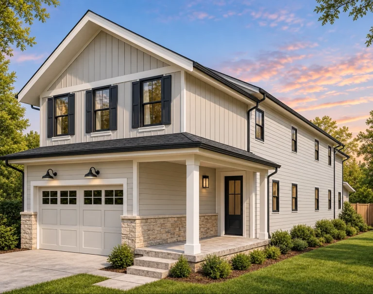 Ranch House Plans 16 Front exterior view of a modern farmhouse style two-story house featuring board and batten siding, stone accents, black windows, and a covered front porch