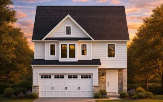 Front view of a Modern Farmhouse style home featuring horizontal lap siding, stone accents, dark trim windows, and a gable roof design.