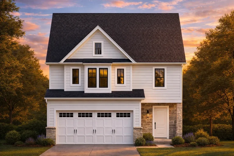 Front view of a Modern Farmhouse style home featuring horizontal lap siding, stone accents, dark trim windows, and a gable roof design.