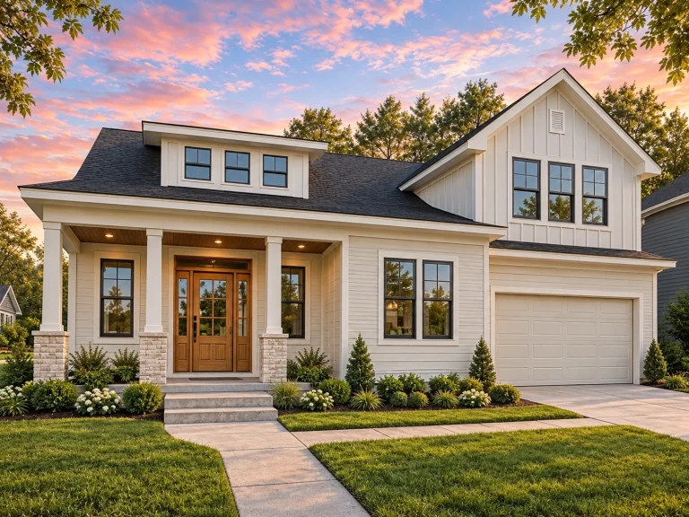 Front elevation of Traditional suburban house with horizontal lap siding, gabled rooflines, covered porch, and attached garage
