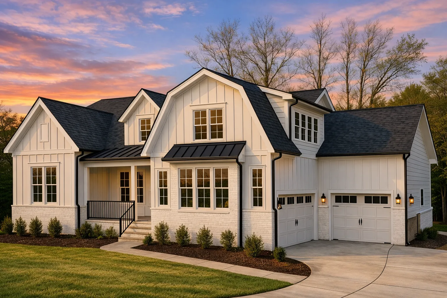 Front elevation of a modern farmhouse style home featuring white board and batten siding, black metal awnings, and a two-car garage