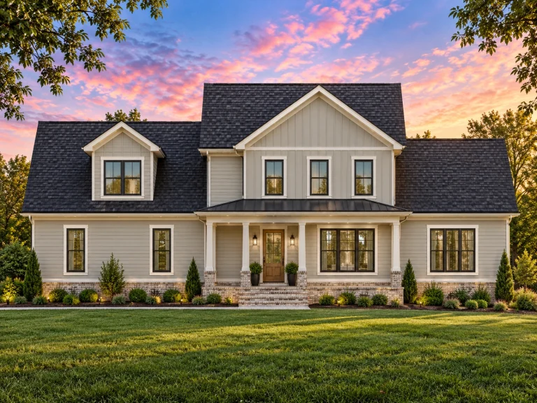 House Plans with Terrace 14 Front view of a Traditional Colonial style home featuring horizontal siding, stone accents, gabled dormers, and a symmetrical two-story design with a central entryway.