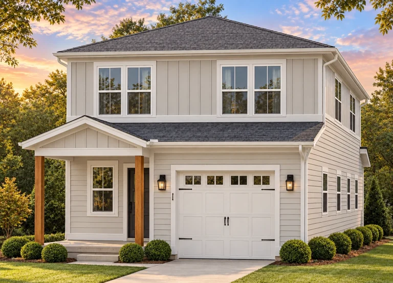 Front exterior view of a Coastal New American style two-story home featuring board and batten siding, covered porch, and front-entry garage