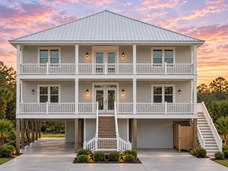 House Plans with Photos 23 Front elevation of Low Country Coastal Traditional home with double stacked porches, white horizontal lap siding, and elevated foundation