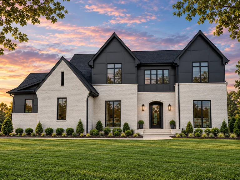Garage Apartment Plans 18 Front elevation of a New American Modern Traditional house featuring brick exterior, steep gabled rooflines, black windows, and symmetrical two-story design