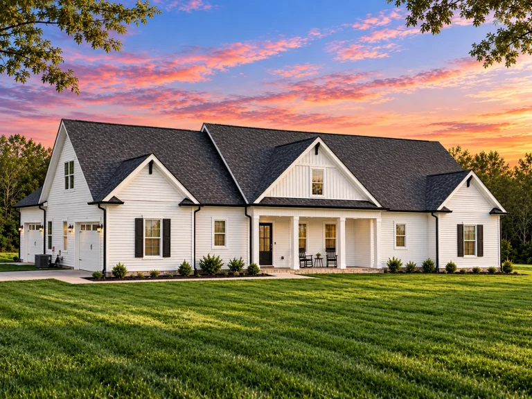 Garage Apartment Plans 12 Front elevation of a Modern Farmhouse style home featuring white board and batten siding, stone foundation accents, black windows, and a covered front porch