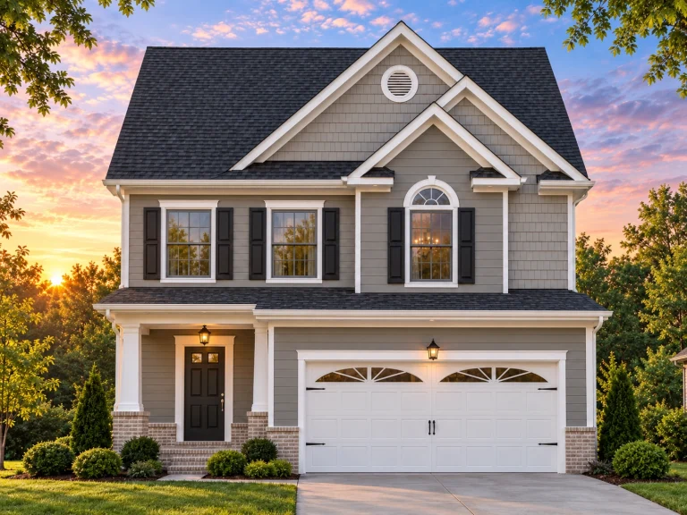 Front elevation of a Traditional Colonial style two-story home featuring stone accents, arched windows, and horizontal siding exterior.