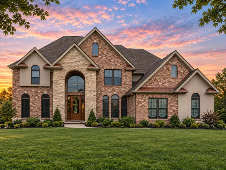 Front elevation of a Traditional Colonial style home featuring a red brick exterior, arched entry doorway, multi-pane windows, and balanced two-story symmetry