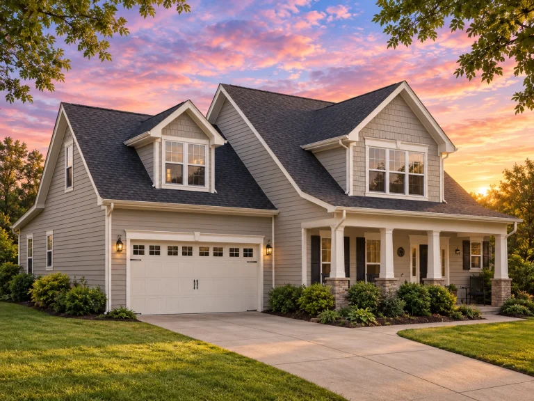 Front view of a Traditional Colonial style two-story home with light siding, black shutters, and a double garage featuring classic architectural symmetry.