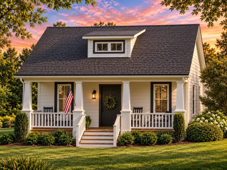 Front view of a cozy American Cottage style home featuring white lap siding, gable roof, front porch, and a single dormer above the entry.