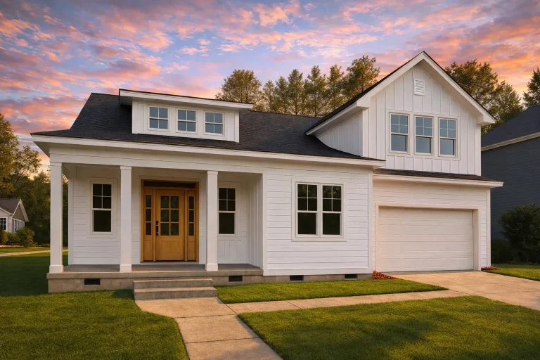 Front elevation of Traditional suburban house with horizontal lap siding, gabled rooflines, covered porch, and attached garage