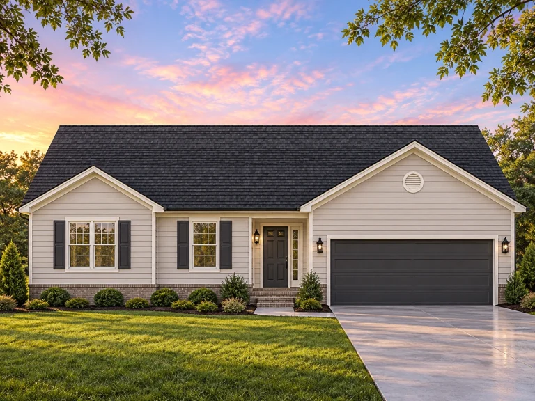 Front elevation of a Traditional Ranch style home featuring horizontal lap siding, stone water table, dark shutters, and a two-car garage