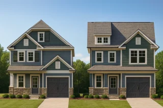 Front view of a Traditional New American style house featuring stone and horizontal siding with shingle accents, black shutters, and a one-car garage