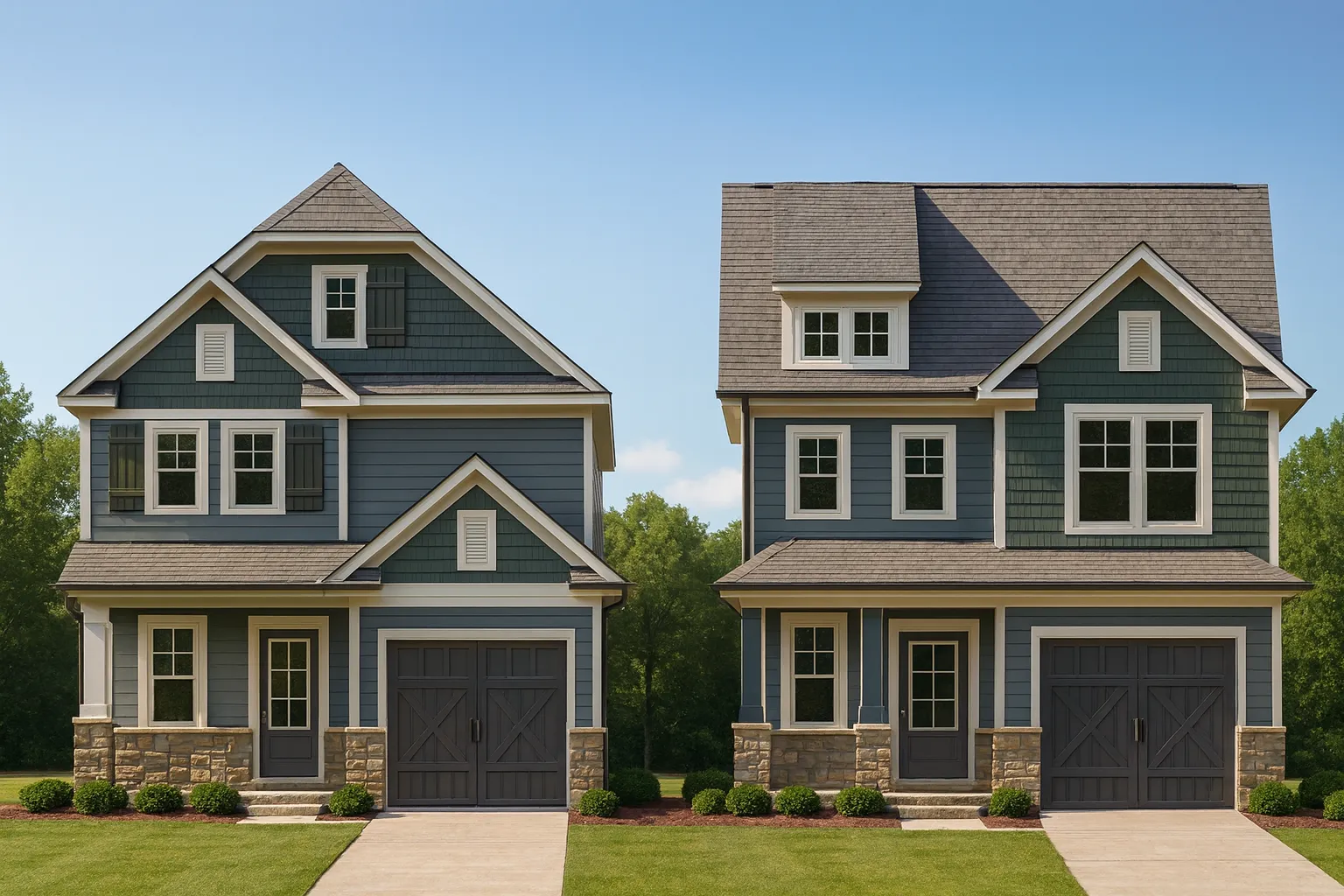 Front view of a Traditional New American style house featuring stone and horizontal siding with shingle accents, black shutters, and a one-car garage
