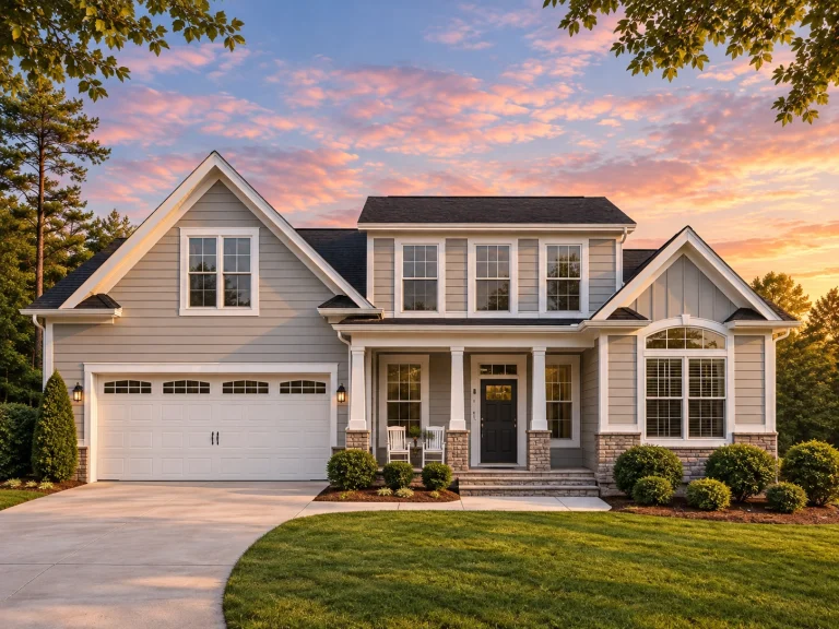 House Plans with Wraparound Porch 21 Front view of a Traditional Colonial home with light gray lap siding, symmetrical windows, and a bright yellow front door adding New American charm.