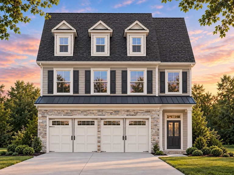 House Plans with Outdoor Kitchen 19 Front view of a Modern Farmhouse style home featuring horizontal lap siding, stone accents, dark trim windows, and a gable roof design.