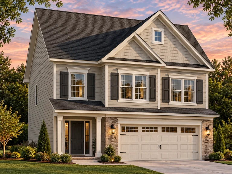 House Plans with Outdoor Kitchen 17 Front elevation of a Traditional Colonial style home featuring a balanced façade with horizontal siding, stone accents, and symmetrical window placement.