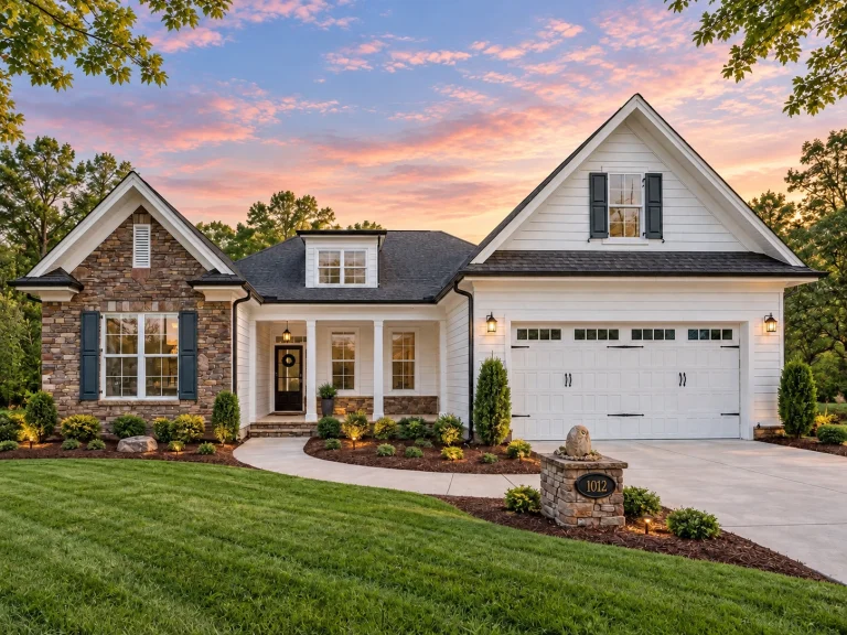 House Plans with Outdoor Kitchen 20 Front view of a Traditional Colonial style home featuring stone and siding exterior, gabled rooflines, and a welcoming front porch entry