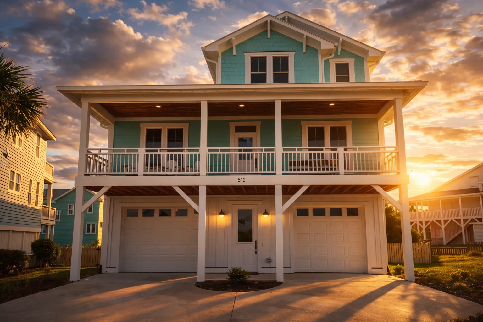 Front exterior view of a Coastal Beach House with elevated design, horizontal siding, covered porches, and double garage
