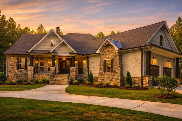 House Plans 25 Front elevation of a Craftsman Ranch style home featuring stone veneer, horizontal lap siding, gabled rooflines, and a welcoming covered porch