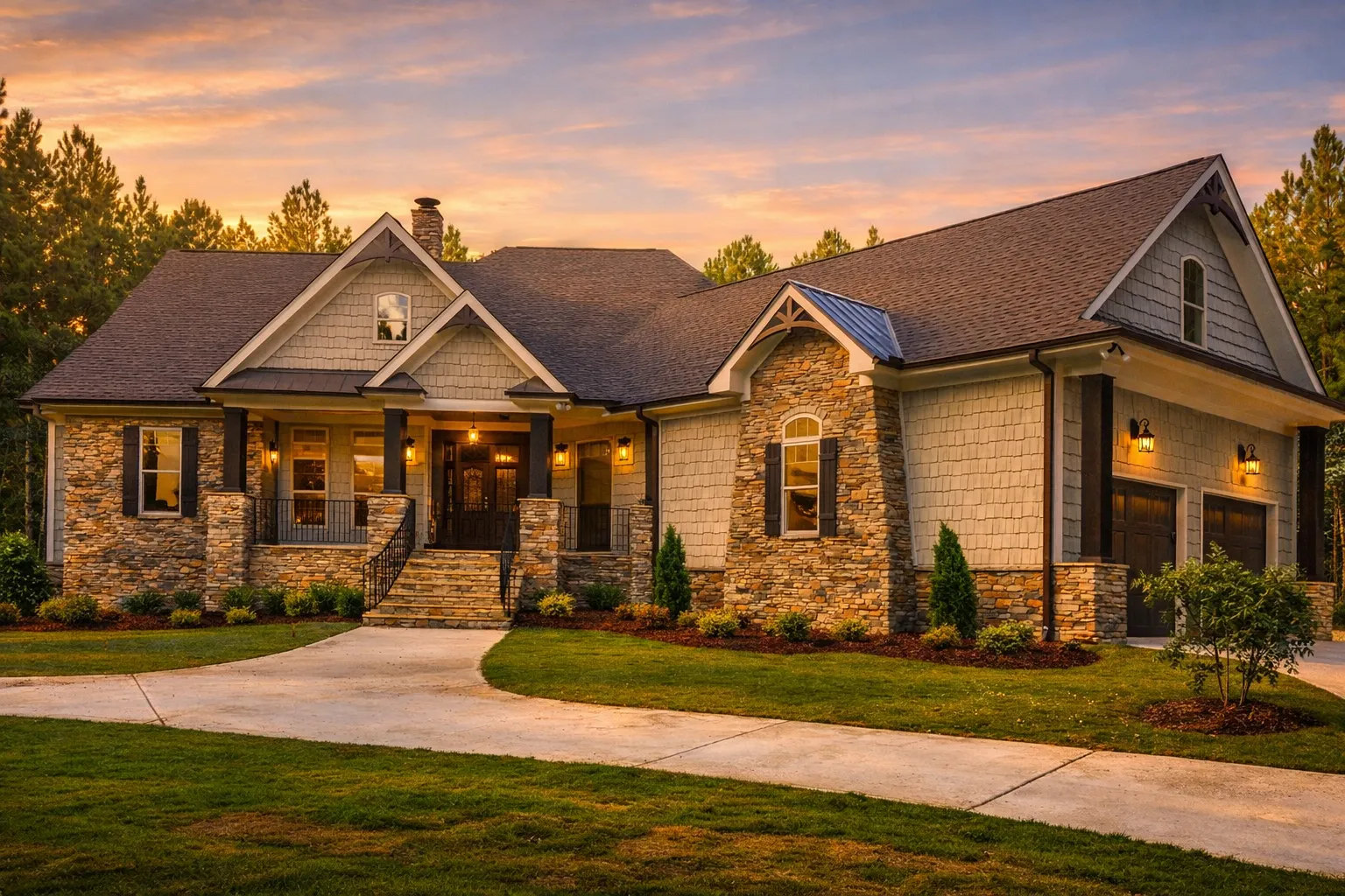 Front elevation of a Craftsman Ranch style home featuring stone veneer, horizontal lap siding, gabled rooflines, and a welcoming covered porch