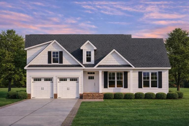 Front view of Modern Farmhouse style home featuring board and batten siding, shingle gables, and a two-car garage with craftsman details