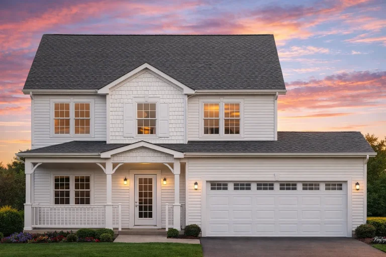 Front view of a Colonial Traditional style two-story home with white lap siding, stone accents, black shutters, and a covered front porch