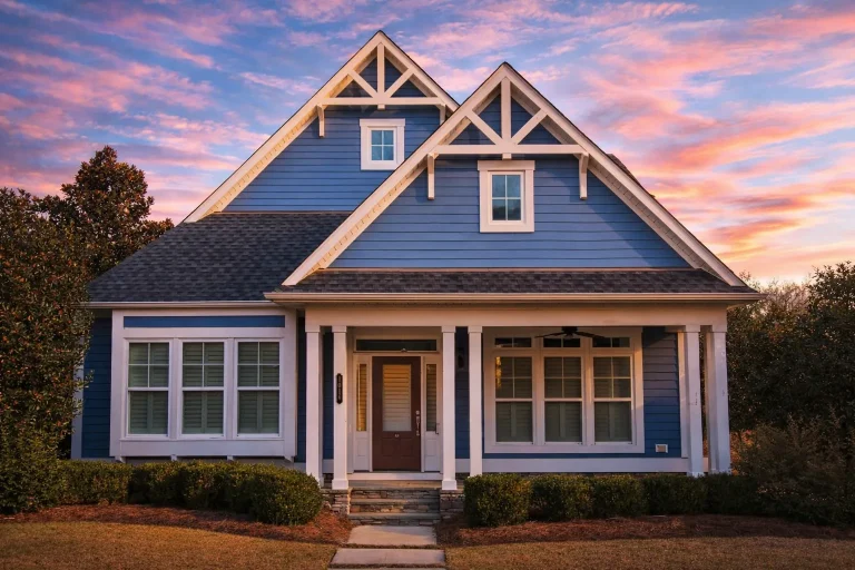 Front elevation of blue Craftsman Cottage style home with horizontal lap siding, white trim, gabled rooflines, and covered front porch at sunset