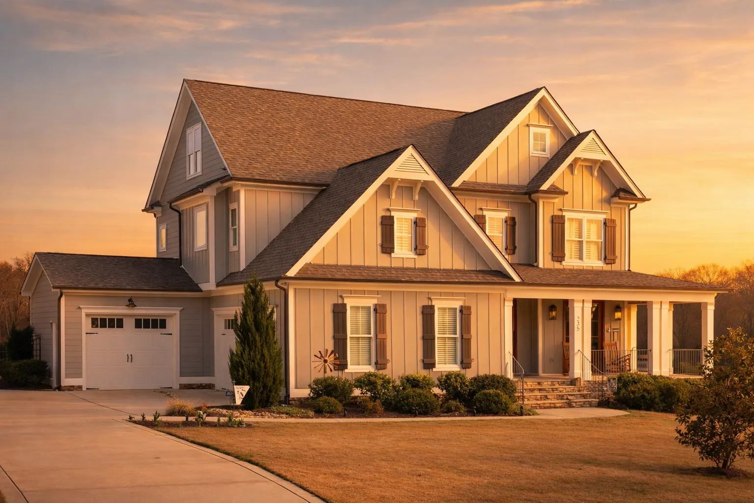 Triplex House Plans 9 Front elevation of a Modern Farmhouse style home featuring board and batten siding, gabled rooflines, and a welcoming covered front porch