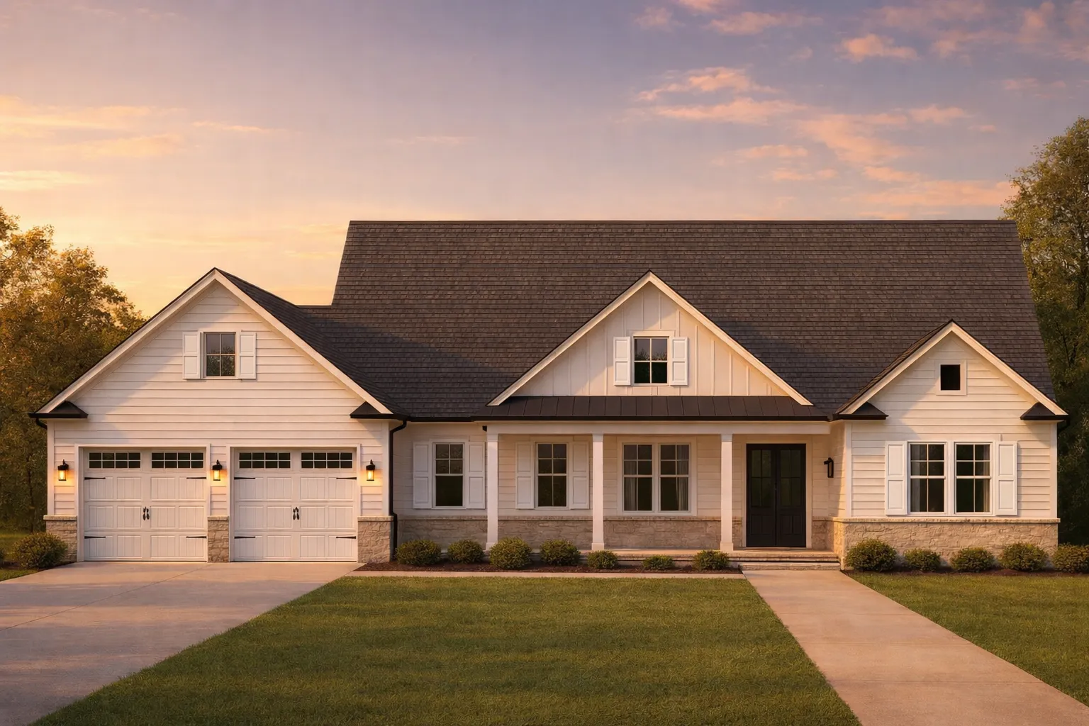 Front elevation of modern farmhouse ranch style home with white board and batten siding, gable rooflines, and covered front porch