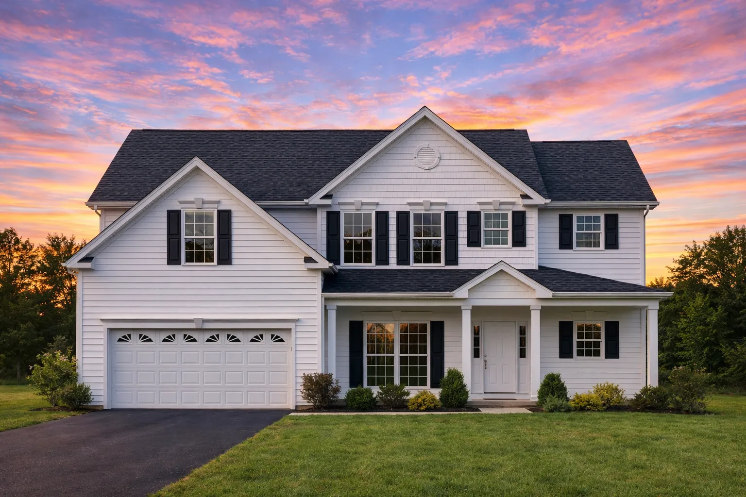 Front elevation of a Traditional Colonial home featuring horizontal siding, brick foundation accents, and a symmetrical two-story design with black shutters and gable rooflines