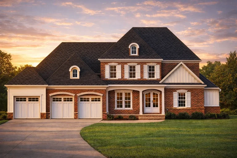 Front exterior view of a Traditional Colonial style home featuring brick façade, dormer windows, white trim, and a side-entry garage