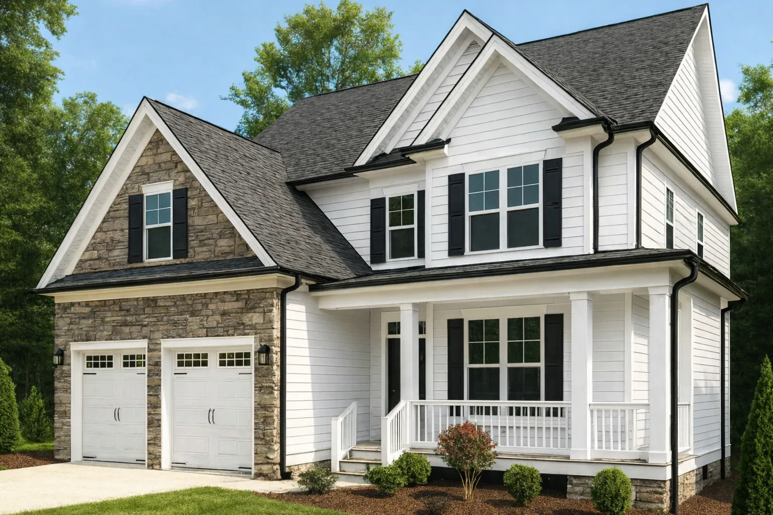 Front exterior of a New American style two-story home with stone accents, horizontal siding, and covered front porch