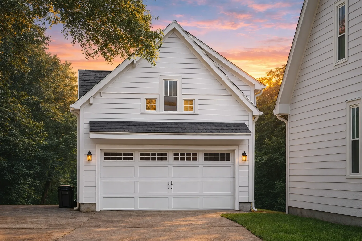 Front exterior view of a Traditional cottage-style garage apartment with horizontal lap siding, gable roof, and two-car garage below