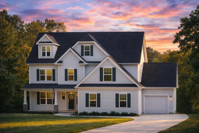 Front elevation of a New American Modern Traditional house featuring horizontal siding, stone accents, black shutters, and a symmetrical two-story design