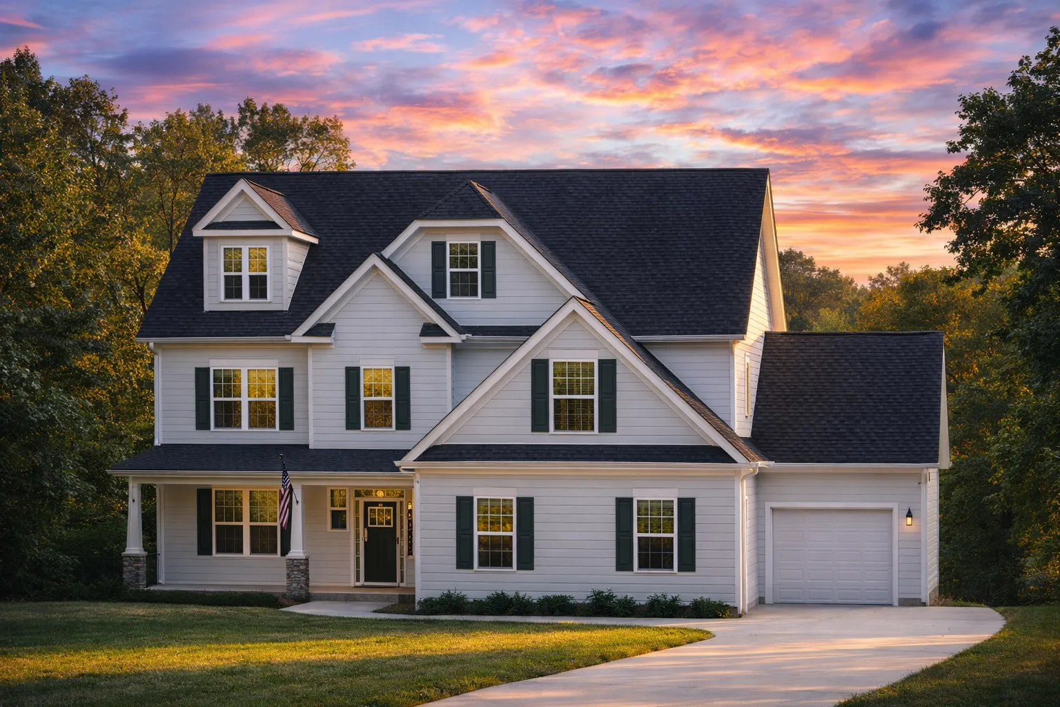 Front elevation of a New American Modern Traditional house featuring horizontal siding, stone accents, black shutters, and a symmetrical two-story design