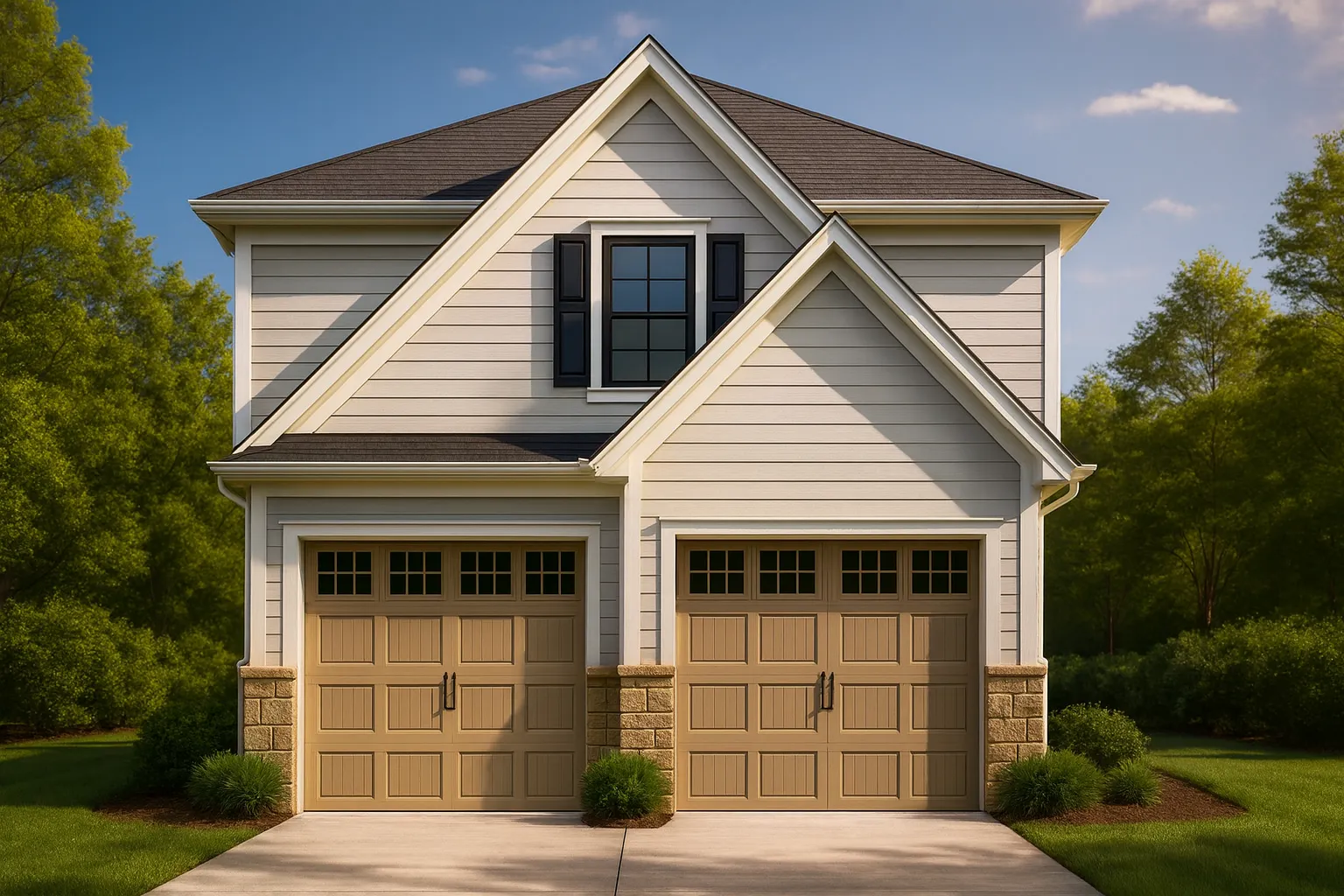 Front elevation of a Traditional Suburban carriage house with horizontal siding, stone base accents, dual garage doors, and symmetrical rooflines