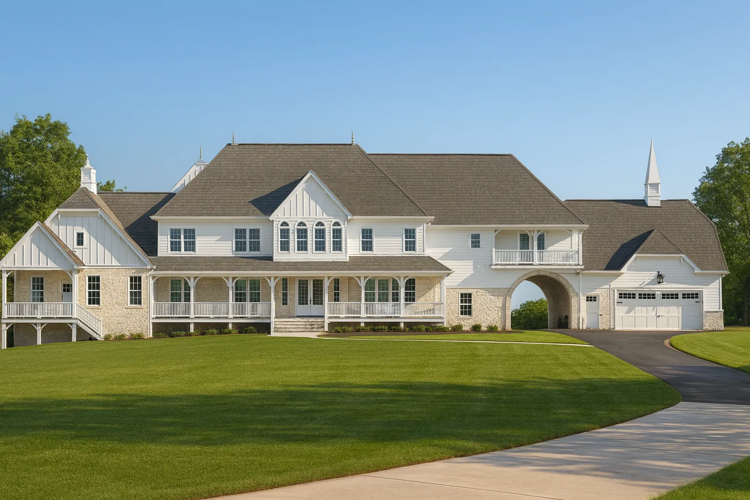 Front elevation of a luxury Modern Southern Farmhouse with white board and batten siding, stone accents, large wrap porch, and an arched breezeway connecting the home to the garage