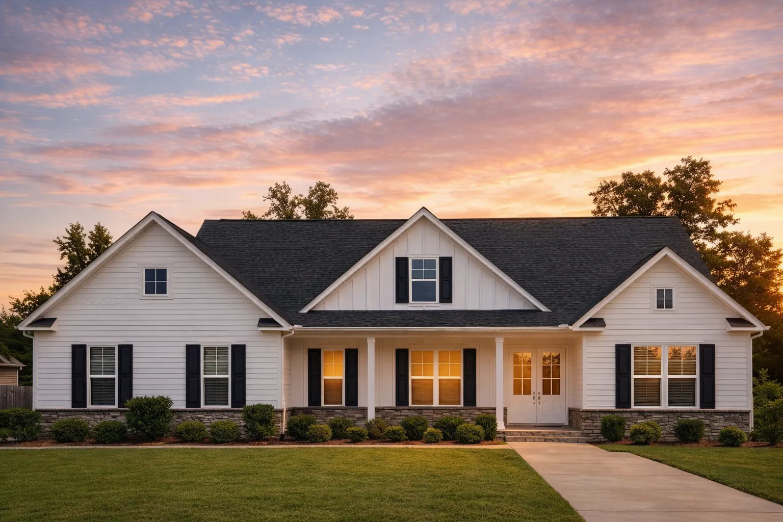 Front elevation of modern farmhouse ranch style home with white board and batten siding, gable rooflines, and covered front porch