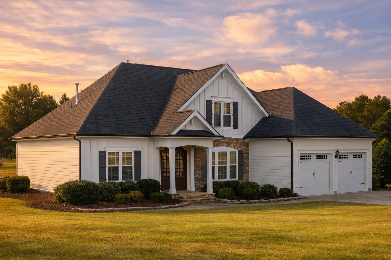 Front view of Craftsman Cottage style house featuring stone accents, board and batten siding, and a welcoming double-garage entry