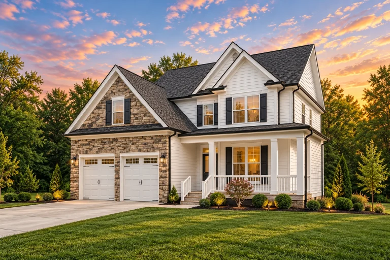 House Plans with Recreation Room 8 Front exterior of a New American style two-story home with stone accents, horizontal siding, and covered front porch