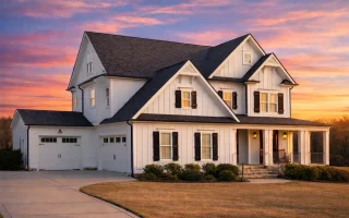 Front elevation of a Modern Farmhouse style home featuring board and batten siding, gabled rooflines, and a welcoming covered front porch