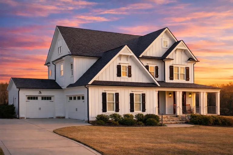 Front elevation of a Modern Farmhouse style home featuring board and batten siding, gabled rooflines, and a welcoming covered front porch