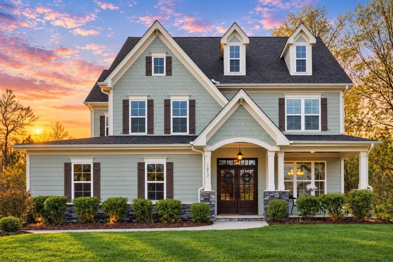 Front elevation of a Modern Farmhouse style home featuring board and batten siding, stone entry arch, black shutters, and symmetrical New American design