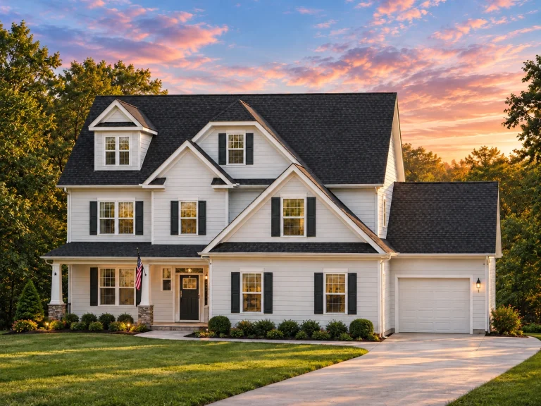 Front elevation of a New American Modern Traditional house featuring horizontal siding, stone accents, black shutters, and a symmetrical two-story design
