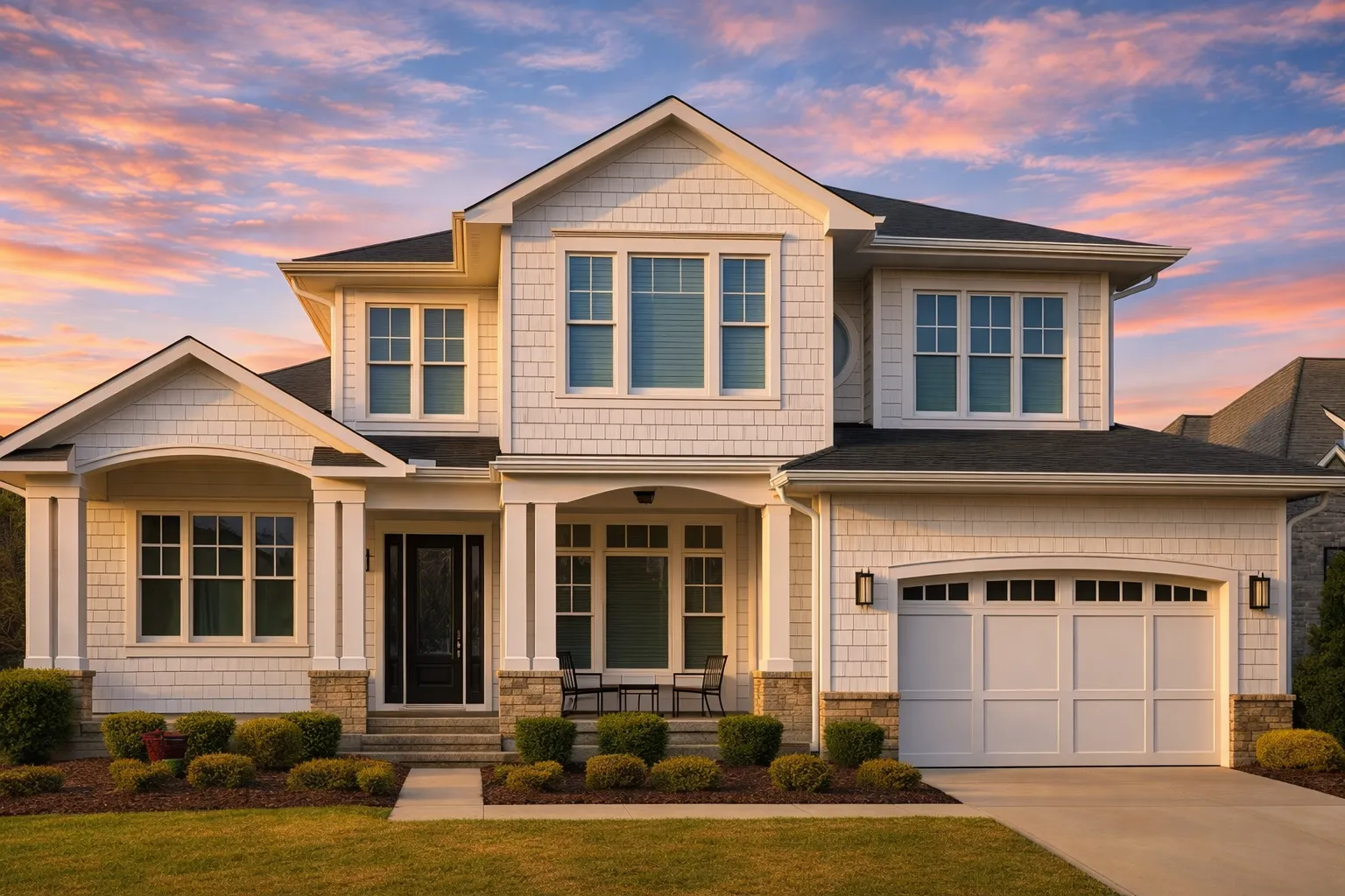 Front elevation of a Coastal Traditional Shingle Style house featuring cedar shingle siding, stone accents, covered porch, and attached garage