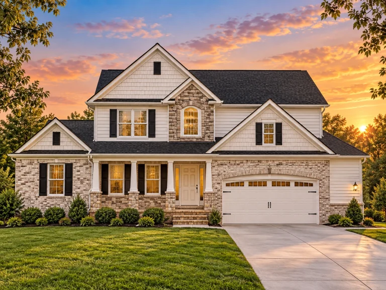 Mid-Size House Plans 2 Front elevation of a Traditional Craftsman style home with brick exterior, lap siding accents, gabled rooflines, and attached two-car garage