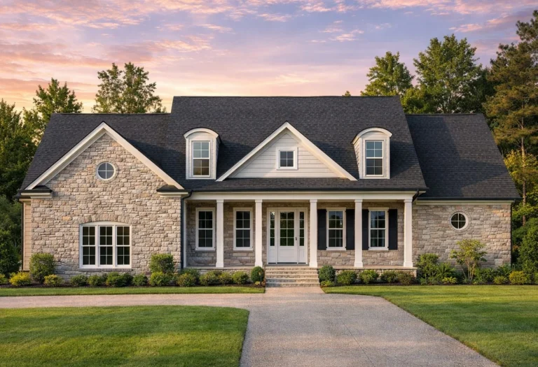 Front elevation of a Cape Cod Traditional house plan featuring white horizontal lap siding, stone veneer wainscot, black shutters, dormer windows, and a covered front porch with columns