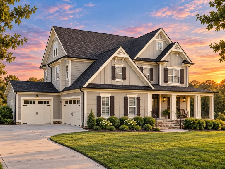 Front elevation of a Modern Farmhouse style home featuring board and batten siding, gabled rooflines, and a welcoming covered front porch